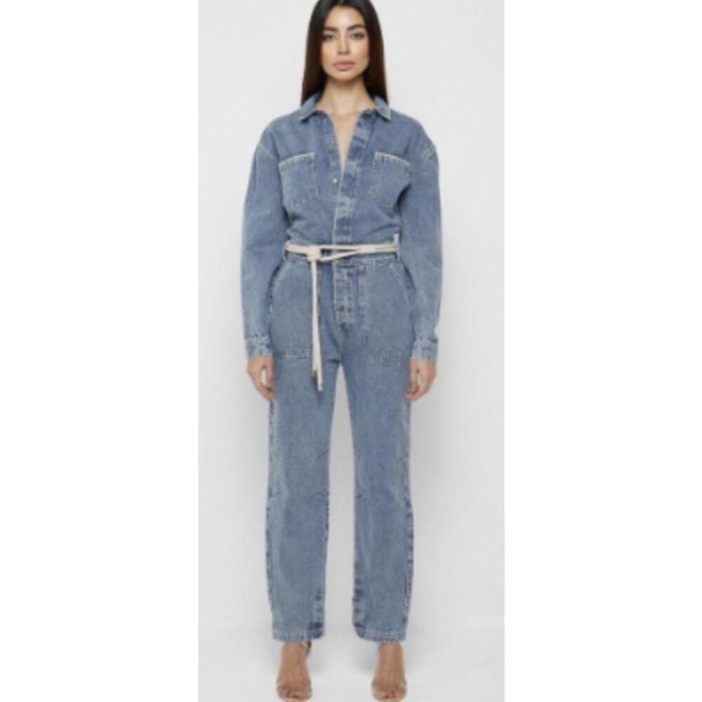 Maniere De Voir Light Blue Denim Jumpsuit with Cream Belt
